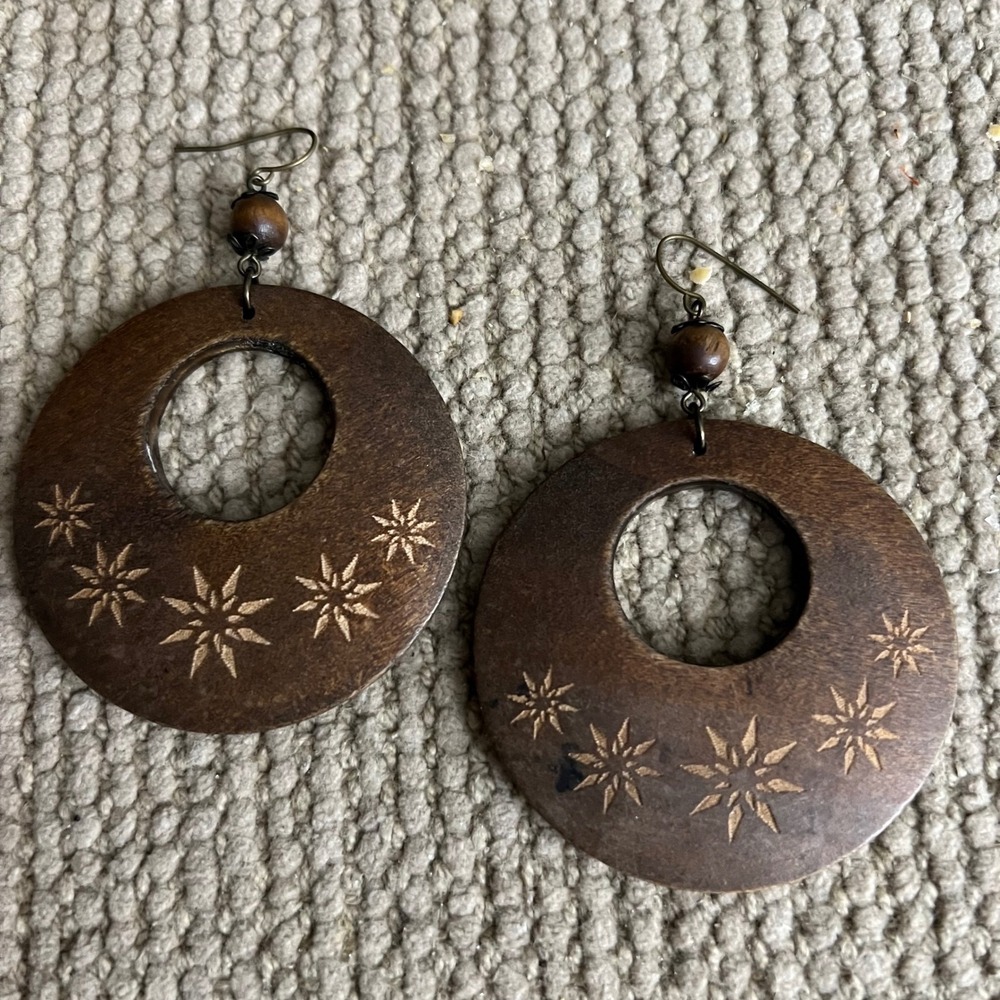 Vintage Brown Wood Starburst Carved Large Hoop Drop Earrings 3.25" Cottagecore